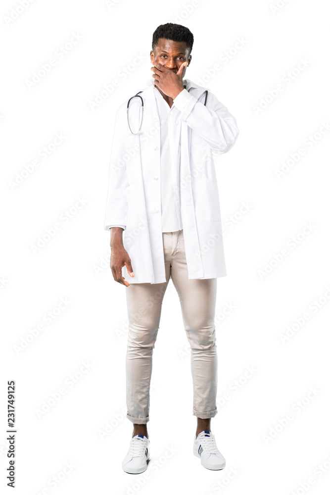Full body of African american doctor covering mouth with hands for saying something inappropriate. Can not speak on white background Full body of African american doctor covering mouth with hands for saying something inappropriate. Can not speak on white background