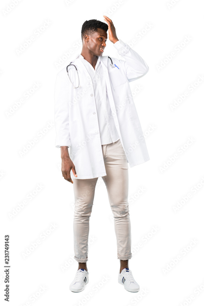 Full body of African american doctor has just realized something and has intending the solution on white background