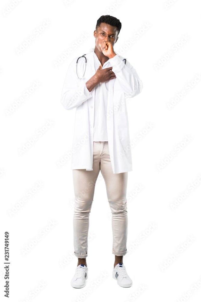 Full body of African american doctor is suffering with cough and feeling bad on white background Full body of African american doctor is suffering with cough and feeling bad on white background