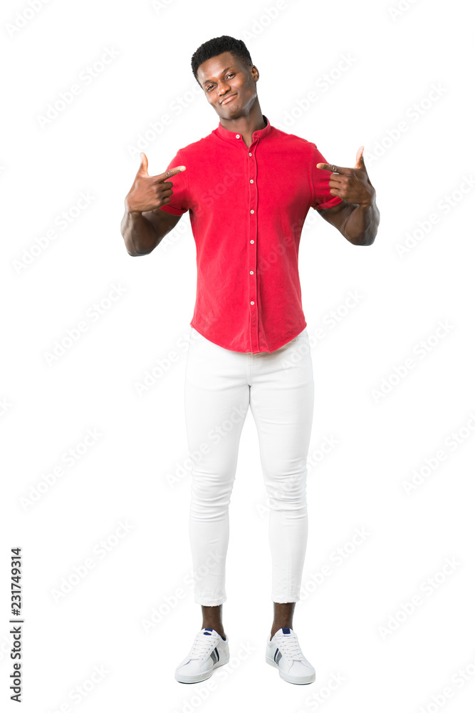 Full body of Young african american man proud and self-satisfied in love yourself concept on white background Full body of Young african american man proud and self-satisfied in love yourself concept on white background