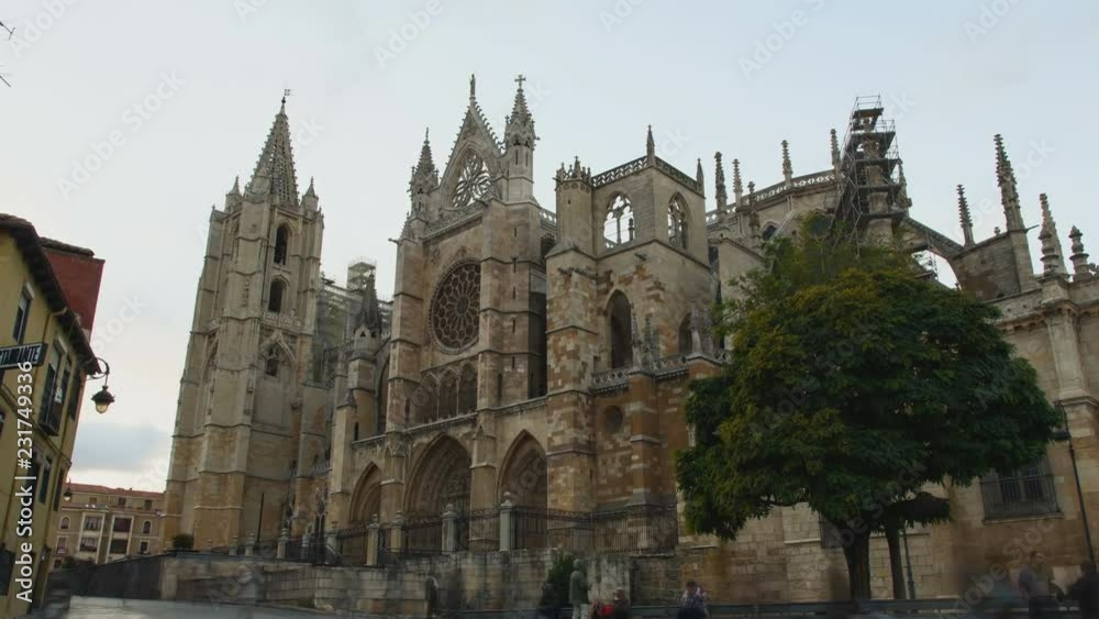Side view of XIII century gothic cathedral in Leon, Spain. Day to night Time Lapse Side view of XIII century gothic cathedral in Leon, Spain. Day to night Time Lapse