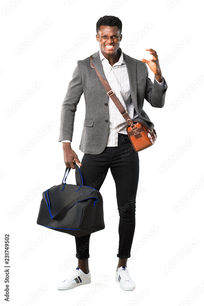 Full body of African american business man traveling with suitcases annoyed angry in furious gesture. Frustrated by a bad situation on white background Full body of African american business man traveling with suitcases annoyed angry in furious gesture. Frustrated by a bad situation on white background