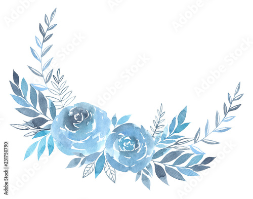 Floral wreath of blue roses flowers watercolor