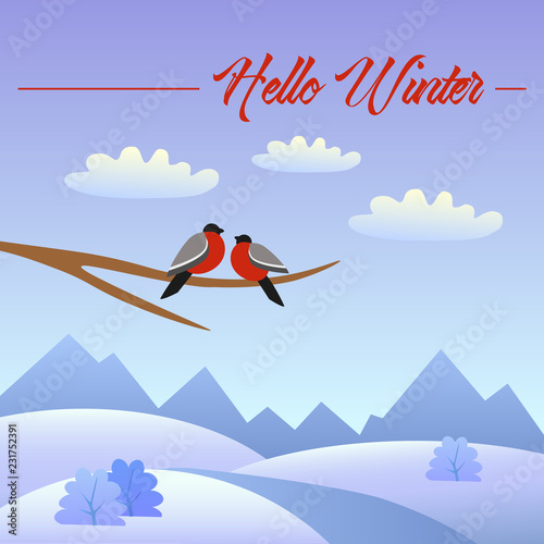 winter card with bullfinches and landscape