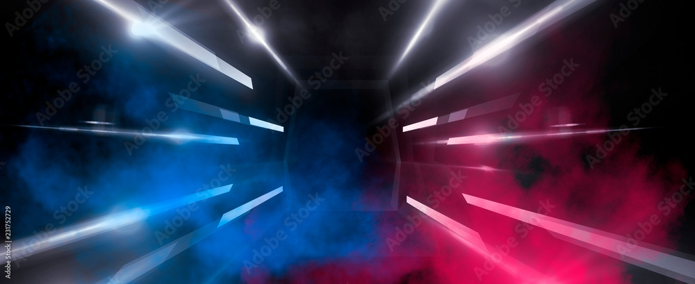 Abstract dark tunnel with neon lights illumination and smoke Abstract dark tunnel with neon lights illumination and smoke