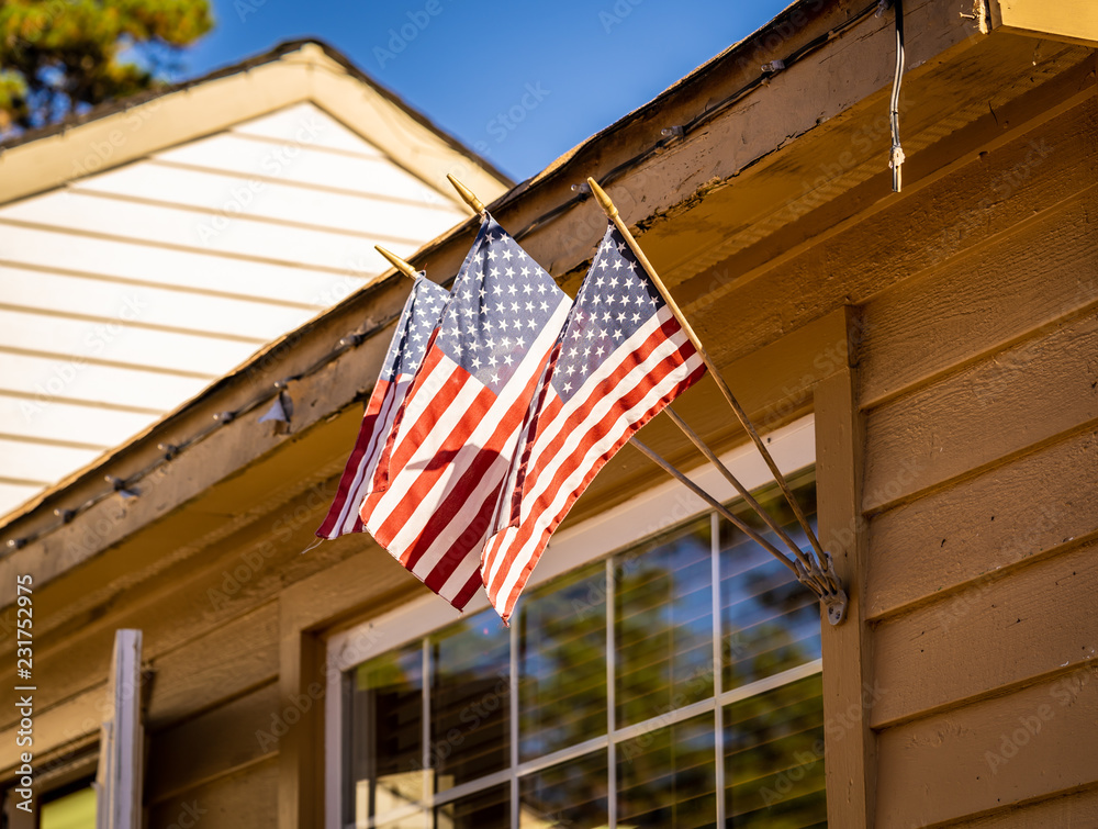 American flags posted on antique store