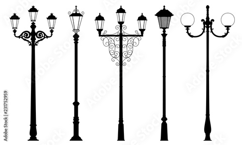 Vector set of street lantern silhouettes in retro style isolated on white background. Wall sticker. Illustration for design. 