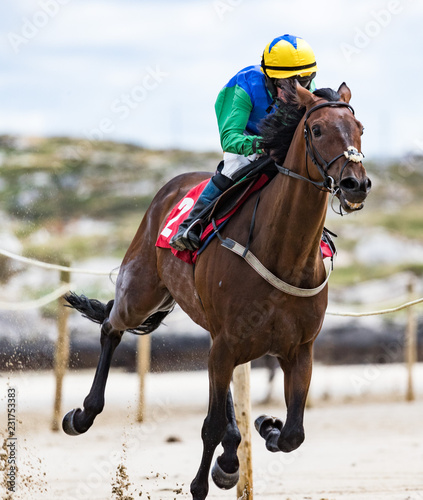 Close-up of jockey and race horse galloping on the beach