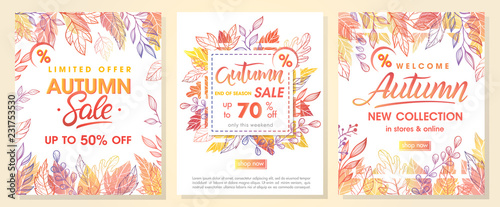 Autumn special offer banners with autumn leaves and floral elements in fall colors.Sale season card perfect for prints  flyers banners  promotion special offer and more. Vector autumn promotion..