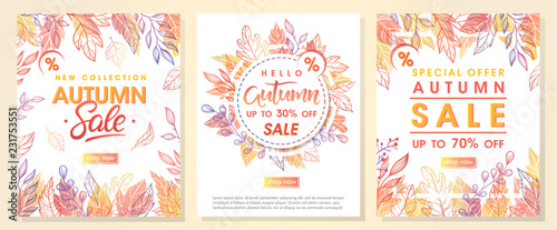 Autumn special offer banners with autumn leaves and floral elements in fall colors.Sale season card perfect for prints  flyers banners  promotion special offer and more. Vector autumn promotion..