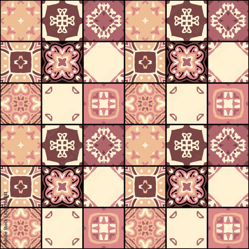 Seamless patchwork pattern from square patches with symmetric ethnic ornament. Vector illustration.