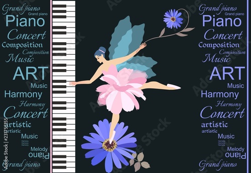 Sweet little winged fairy - ballerina in pink tutu playing on a large concert grand piano. Lovely blue chamomile and abstract text isolated on black background. Template for music poster in vector.