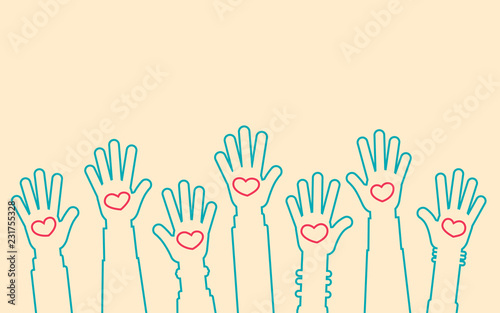 Human hands raised up with hearts silhouette, people volunteering to help, vector graphics