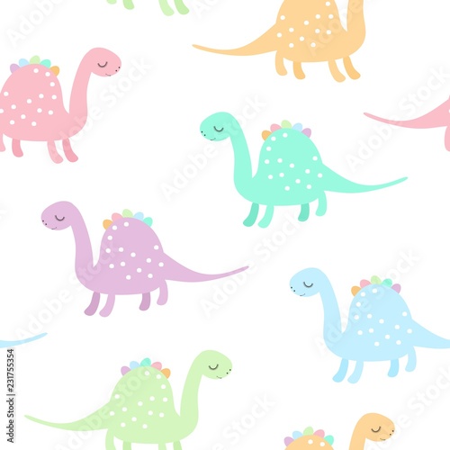 Seamless pattern with cute colorful dinosaurs on white background. Dino print for kids. Vector illustration.