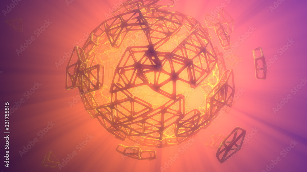 Abstract 3d rendering concept of high poly sphere with chaotic mesh grid cellular mulecular structure. Sci-fi background with polygonal shape in empty space with light god rays. Futuristic design bio Abstract 3d rendering concept of high poly sphere with chaotic mesh grid cellular mulecular structure. Sci-fi background with polygonal shape in empty space with light god rays. Futuristic design bio