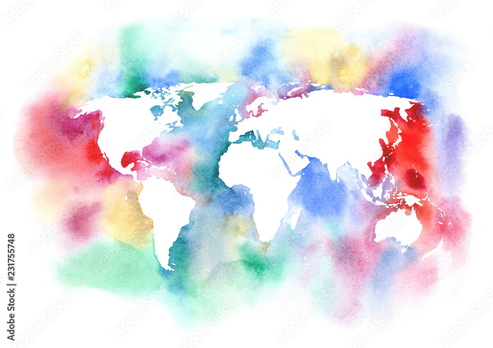 World map.Earth.Watercolor hand drawn illustration.White background.	