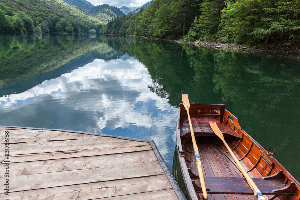 Small wooden rowboats for water trip on shore of Biogradskoe lake. The Biogradska Gora national park. Montenegro, Europa
