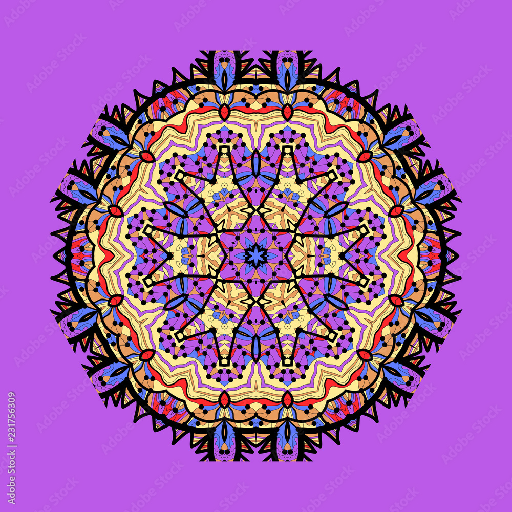 Violet seamless outlined mandala. Unusual tribal design element. Abstract art ornament. Fantasy snowflake