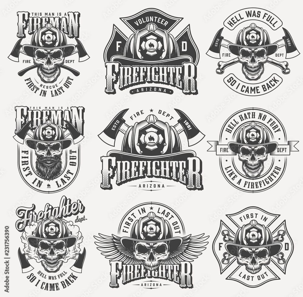 Vintage monochrome firefighting labels set