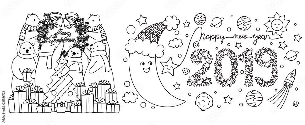 Polar bears preparing for christmas party and moon celebrate new year 2019 with stars and planet for design element and coloring page.Vector illustration