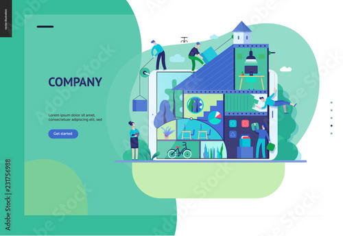 Business series, color 3 -company, teamwork, collaboration -modern flat vector illustration concept of people constructing a company Business workflow management. Creative landing page design template