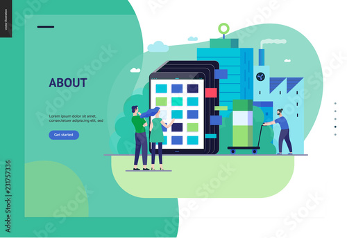 Business series, color 3 - product catalogue - modern flat vector illustration concept of customers choosing a product Website interaction and product line. Creative landing page design template