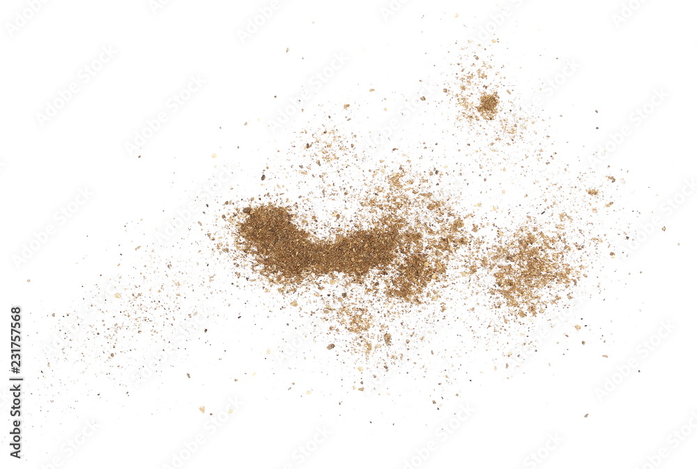 Ground black pepper, powder pile, peppercorn isolated on white background, top view