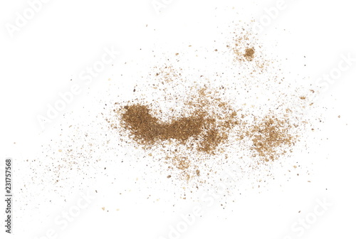 Ground black pepper, powder pile, peppercorn isolated on white background, top view