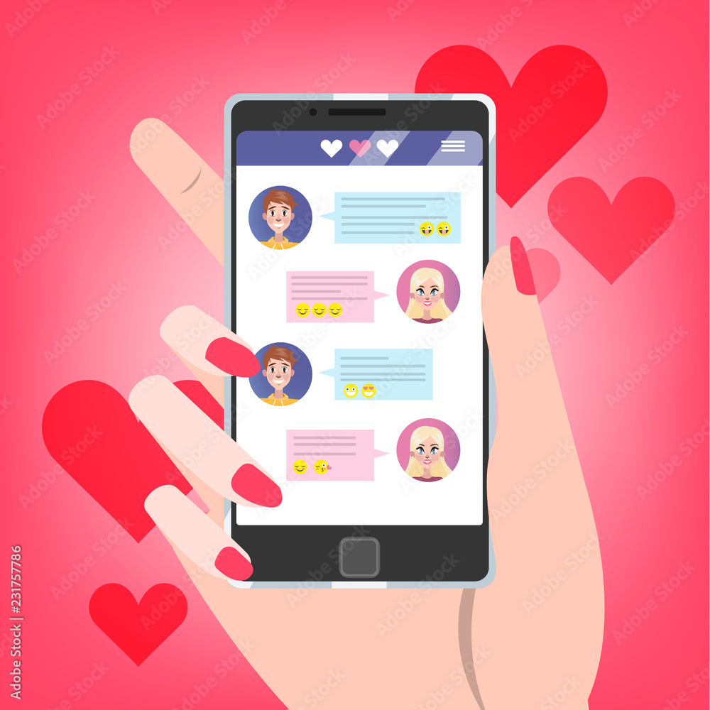 Hand holding mobile phone with love chat on the screen