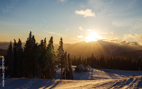 Beautiful sunrise in the mountains. beautiful view of the mountains. Concept of travel, freedom, beauty of nature. beautiful day, sunny weather, blue sky. © maxbelchenko