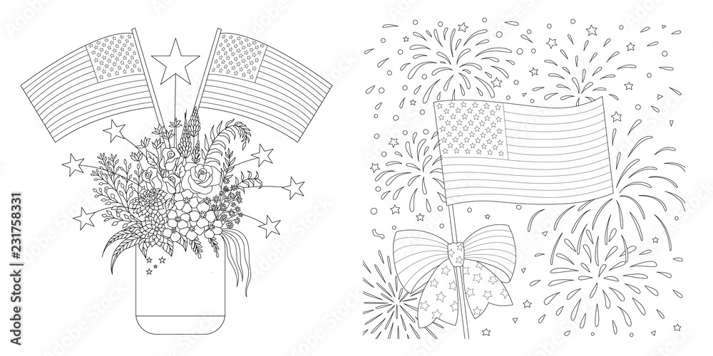 American Flags drawing set for coloring page, cards and so on. Vector ...