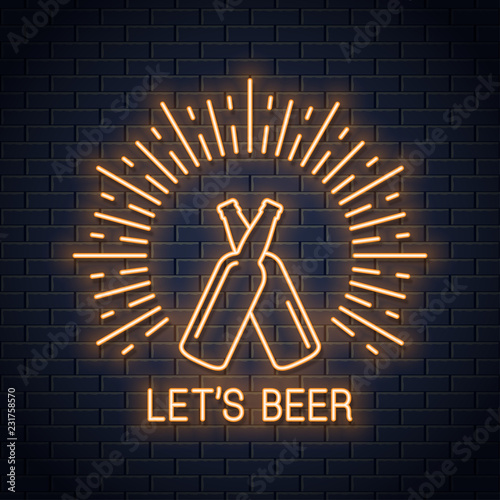 Beer bottles neon sign. Lets beer neon banner on wall background