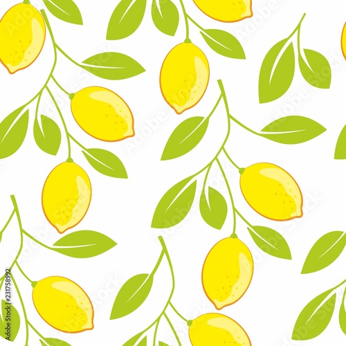 Tropical seamless pattern with yellow lemons and green leaves