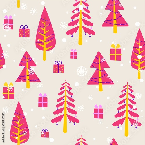 Seamless pattern with christmas trees and present boxes