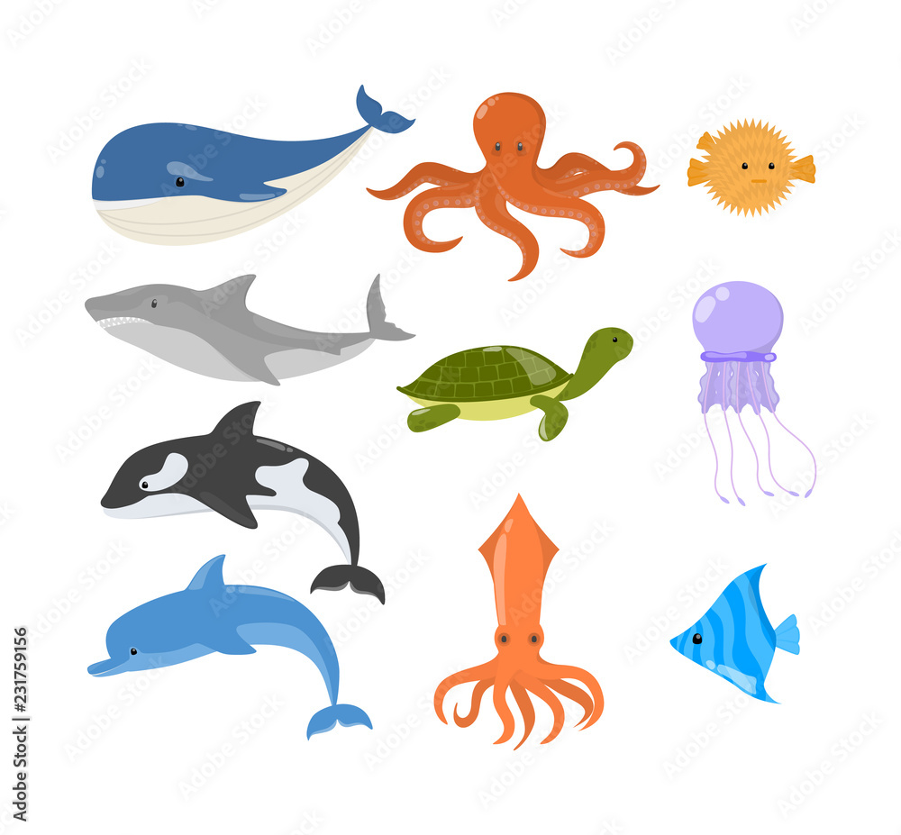 Fototapeta premium Zestaw zwierząt oceanicznych i morskich. Kolekcja stworzeń wodnych