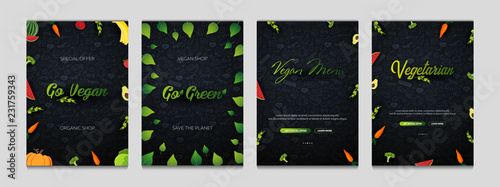 Set of Vegetarian banners. Hand-draw doodle background. Vector illustration.