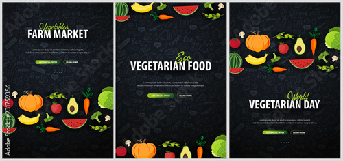 Set of Vegetarian banners. Hand-draw doodle background. Vector illustration.
