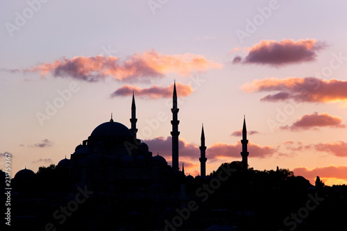 Mosque with red sky at sunset in Istanbul 