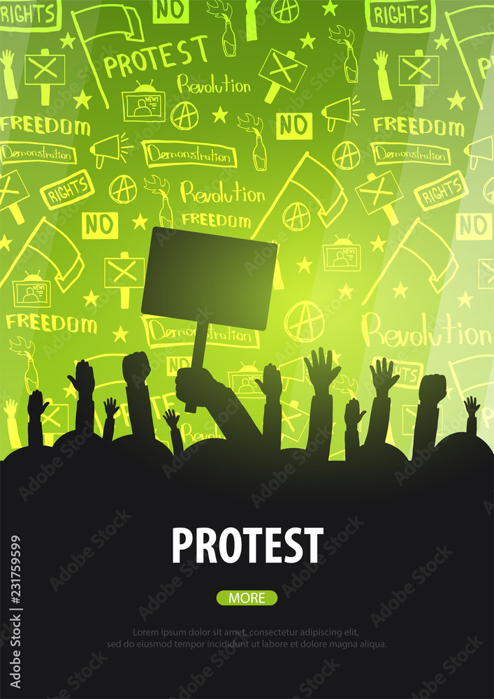 Silhouettes Crowd of people with flags, banners. Demonstration, manifestation, protest, strike, revolution. Banner with hand-draw doodle elements on the background. Silhouettes Crowd of people with flags, banners. Demonstration, manifestation, protest, strike, revolution. Banner with hand-draw doodle elements on the background.