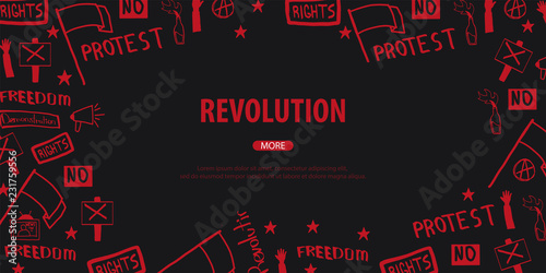 Demonstration, manifestation, protest, strike, revolution. Banner with hand-draw doodle elements on the background.