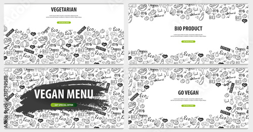 Set of Vegetarian banners. Hand-draw doodle background. Vector illustration.