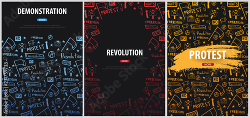 Demonstration, manifestation, protest, strike, revolution. Banner with hand-draw doodle elements on the background.