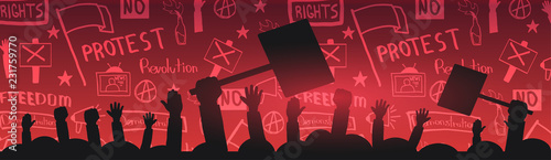 Silhouettes Crowd of people with flags, banners. Demonstration, manifestation, protest, strike, revolution. Banner with hand-draw doodle elements on the background.