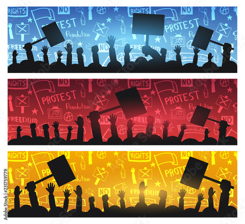 Silhouettes Crowd of people with flags, banners. Demonstration, manifestation, protest, strike, revolution. Set of Banners with hand-draw doodle elements on the background.
