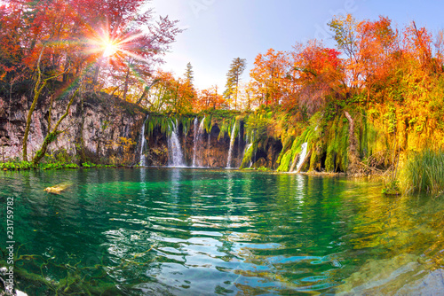 Plitvice waterfalls in the fall photo