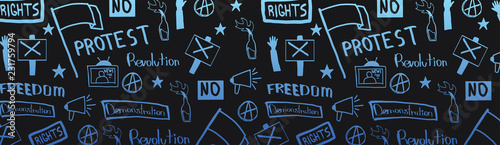 Demonstration, manifestation, protest, strike, revolution. Banner with hand-draw doodle elements on the background.