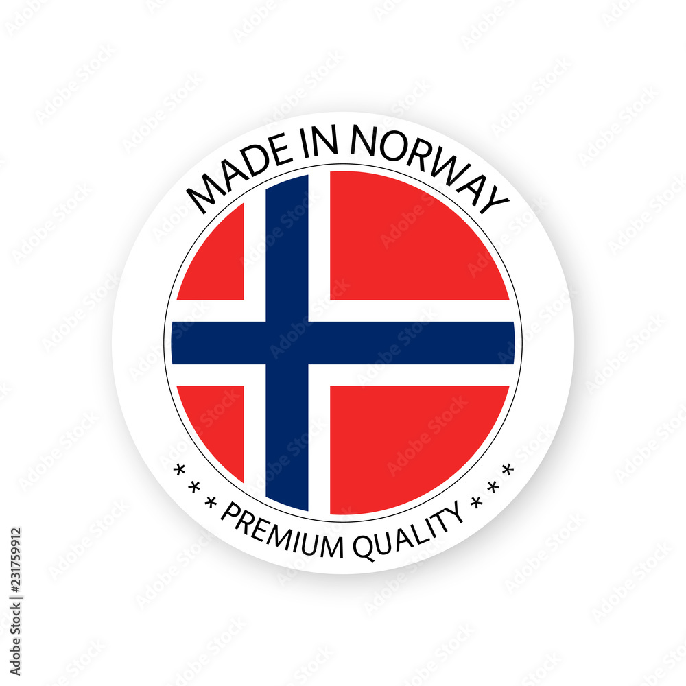 Modern vector Made in Norway label isolated on white background, simple sticker with Norwegian colors, premium quality stamp design, flag of Norway Modern vector Made in Norway label isolated on white background, simple sticker with Norwegian colors, premium quality stamp design, flag of Norway