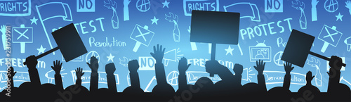 Silhouettes Crowd of people with flags, banners. Demonstration, manifestation, protest, strike, revolution. Banner with hand-draw doodle elements on the background.