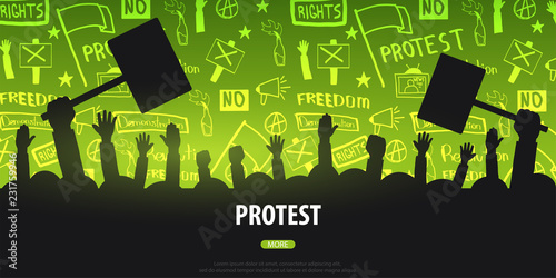 Silhouettes Crowd of people with flags, banners. Demonstration, manifestation, protest, strike, revolution. Banner with hand-draw doodle elements on the background.