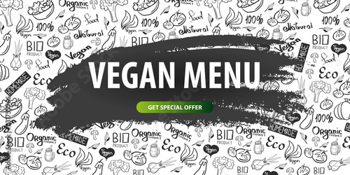 Go vegan. Healthy food. Vegetarian banner. Hand-draw doodle background. Vector illustration.